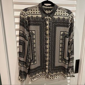 Scarf print graphic satin button up shirt blouse